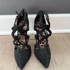 Black Strappy Heels with Cheetah Print Insole